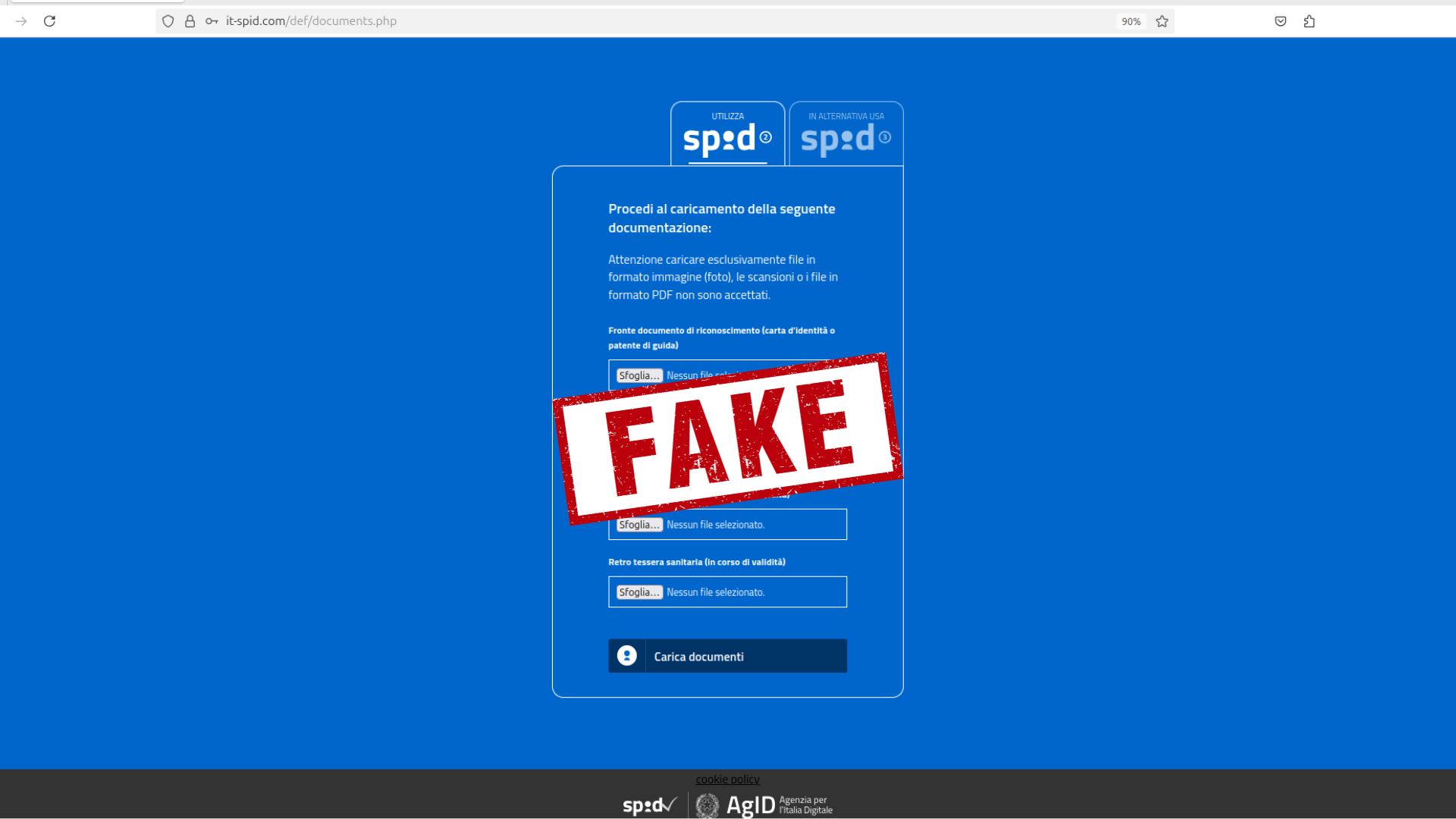 Screenshot del sito utilizzato dai truffatori contentente un finto form SPID