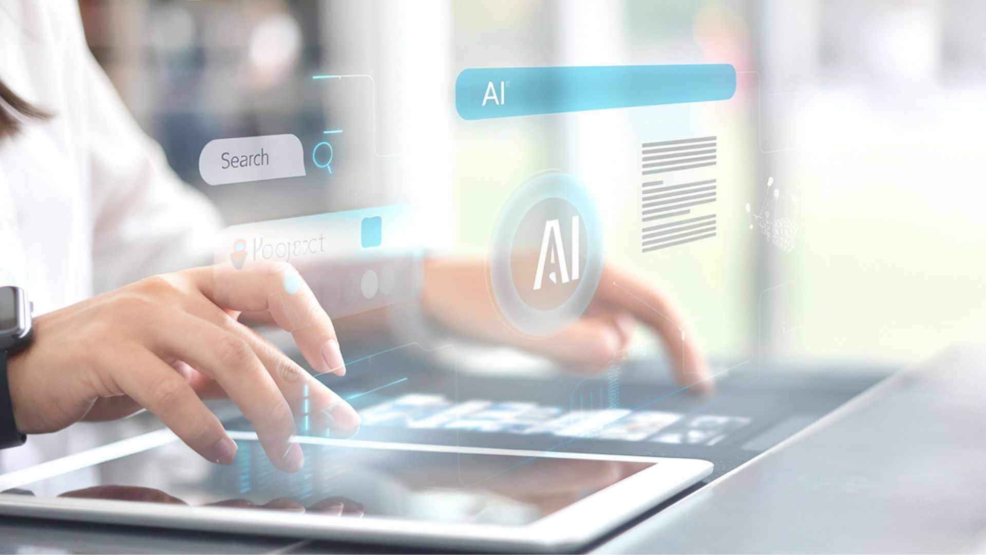 Mani che toccano schermi e scritta AI