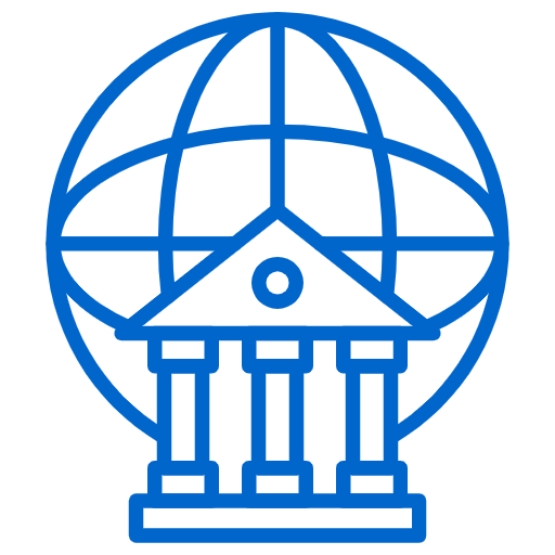 Immagine stilizzata di un edificio istituzionale e un mappamondo a simboleggiare la rete di internet