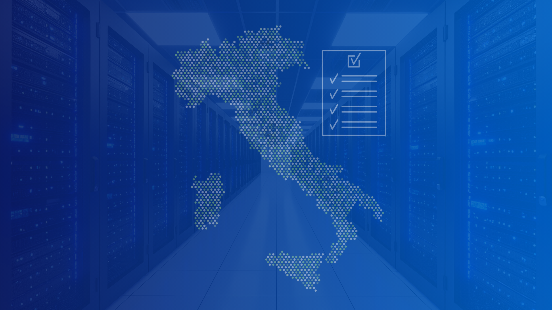 Mappa dell'Italia sovrapposta a una foto di un data center
